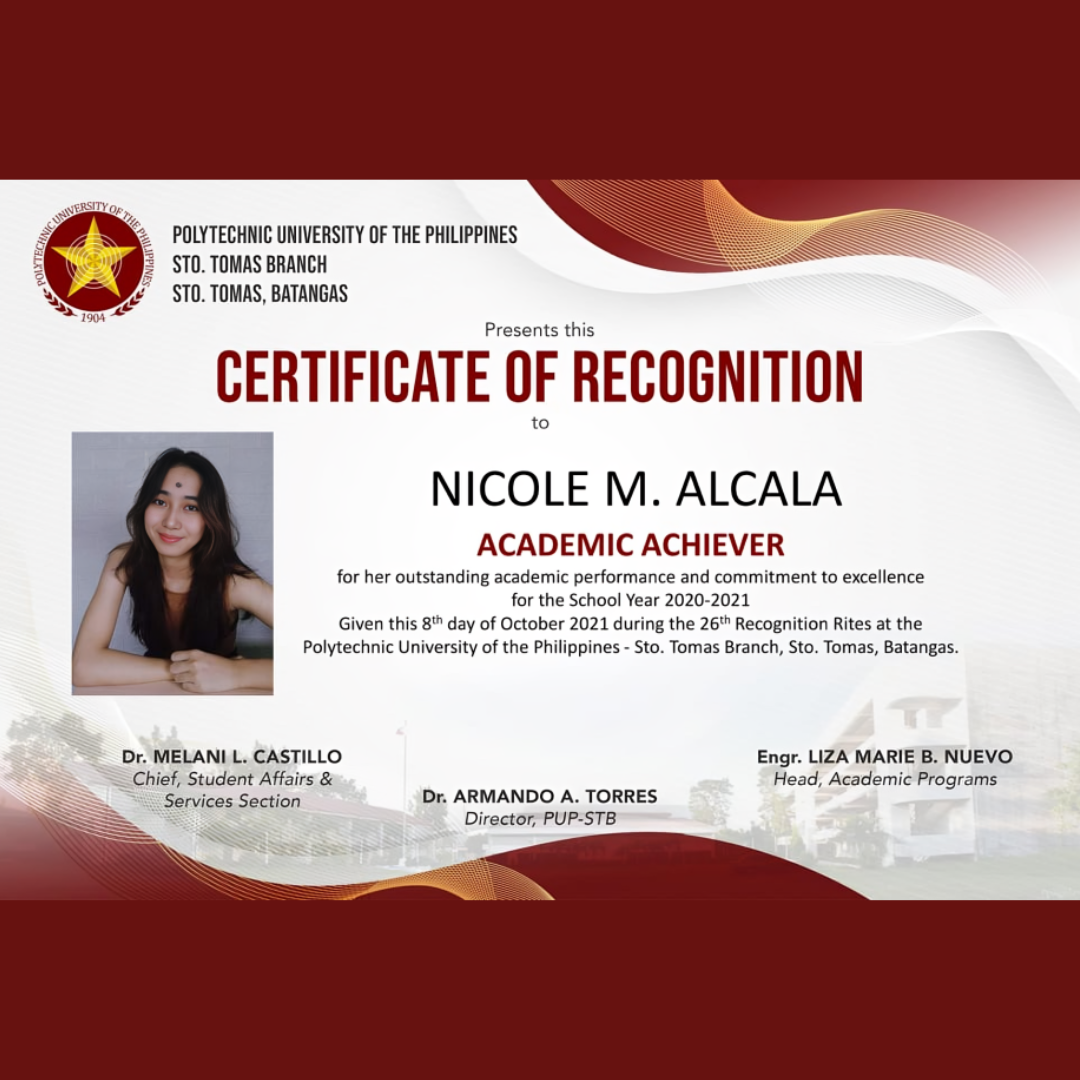 Academic Achiever(Rank 2), PUP-STB, 2021